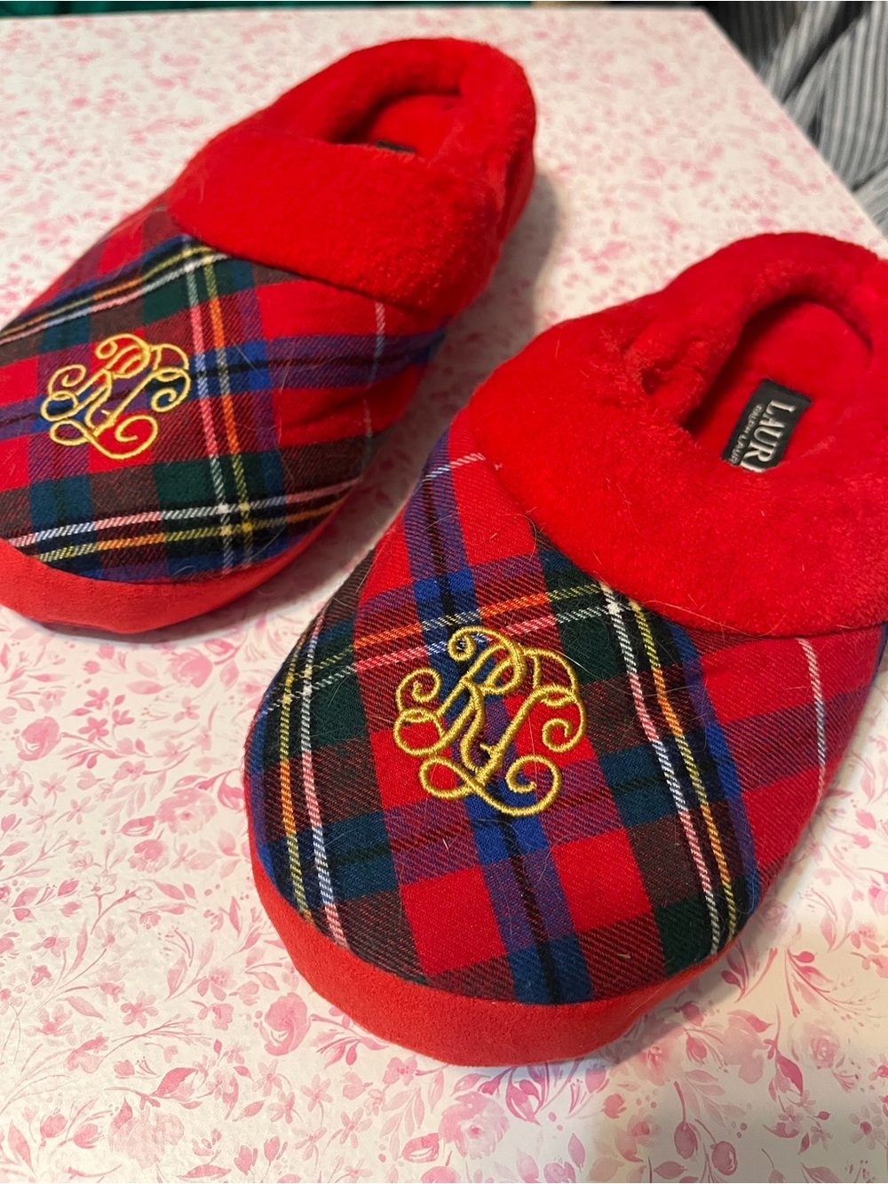 LAUREN Ralph Lauren Red Plaid Women's Slip-On Slippers with Embroidered Monogram